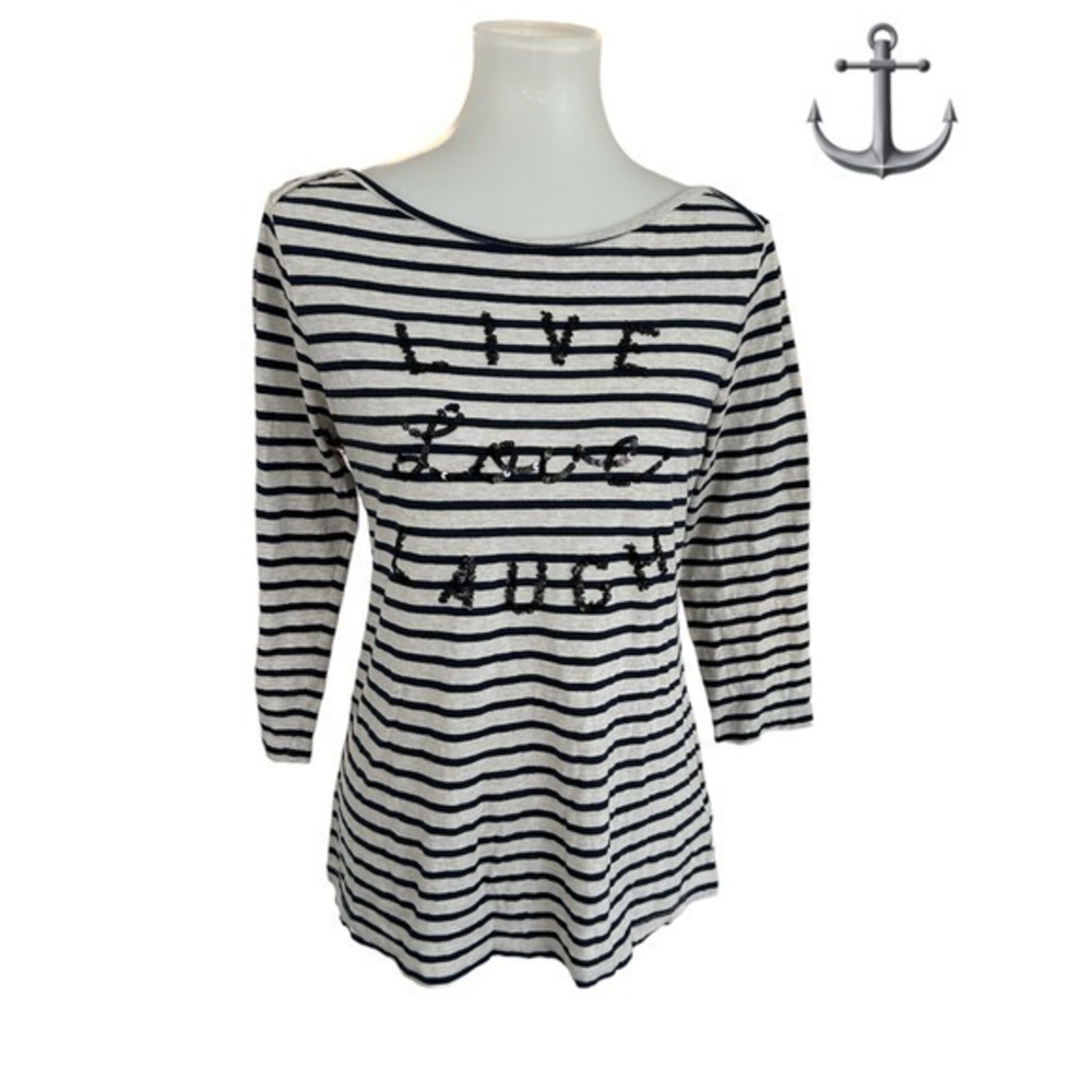 Old Navy  sequin live love laugh striped three-quarter length sleeve T-shirt
